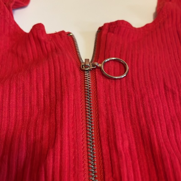 Red Ribbed 1/2 Zipper Tank Top Bodysuit - Picture 2 of 3